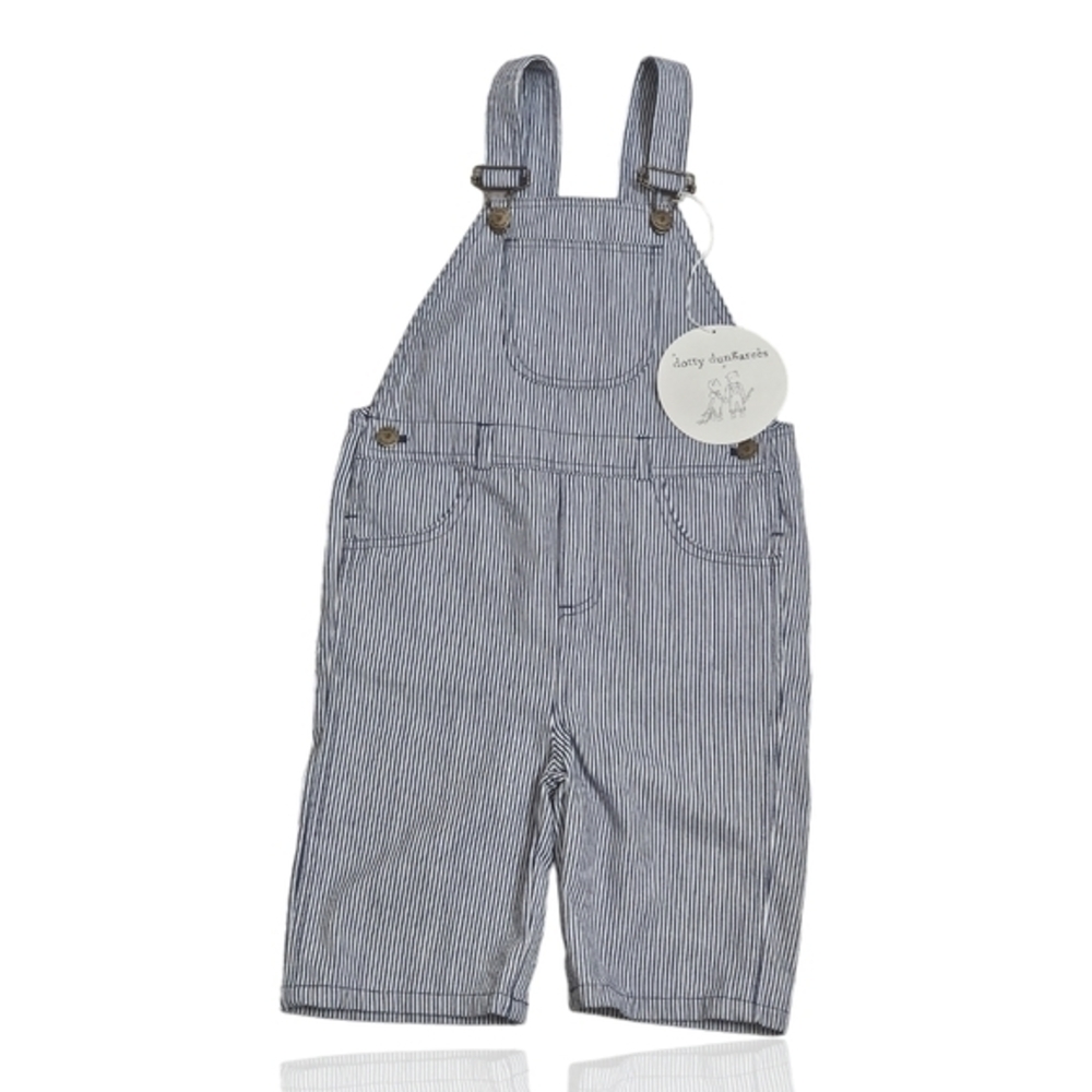 NWT Dotty Dungaress strip Navy mid thigh kids overalls 5‎ pocket jumper 6/7yr